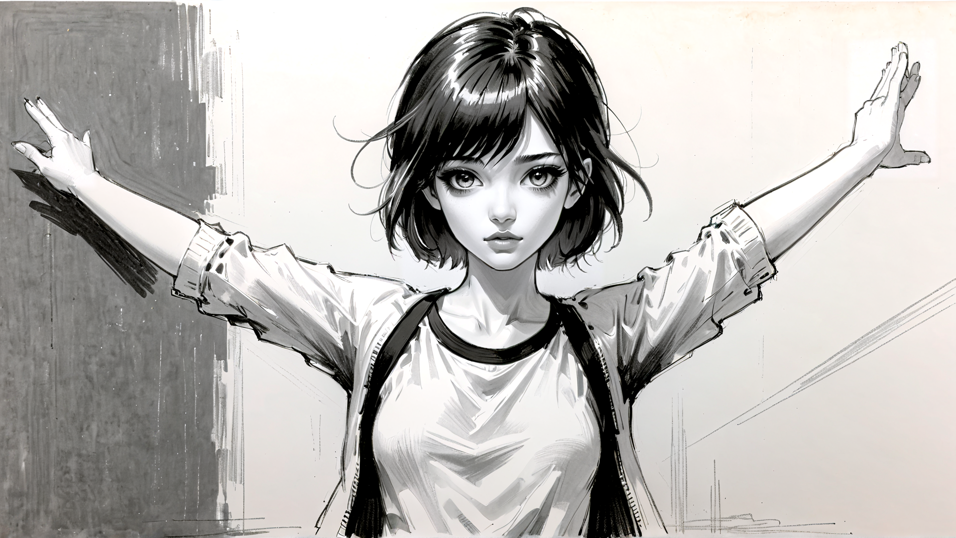 AI generated wallpaper featuring woman, girl, hands, shirt, jacket, hair, backpack, arms, portrait