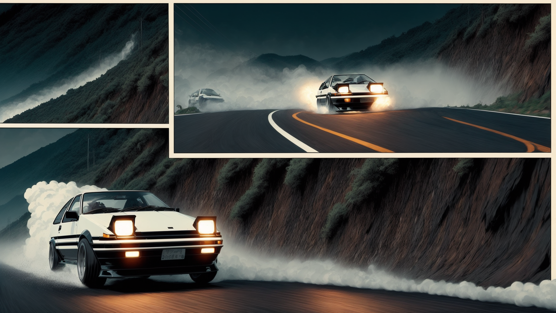 AI generated wallpaper featuring car, road, mountain, smoke, lights, tire, landscape, drifting, night, curved