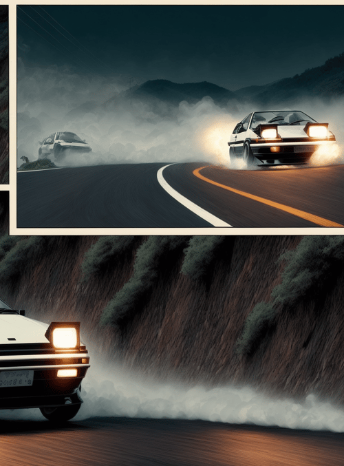 car, road, mountain, smoke, lights, tire, landscape, drifting, night, curved