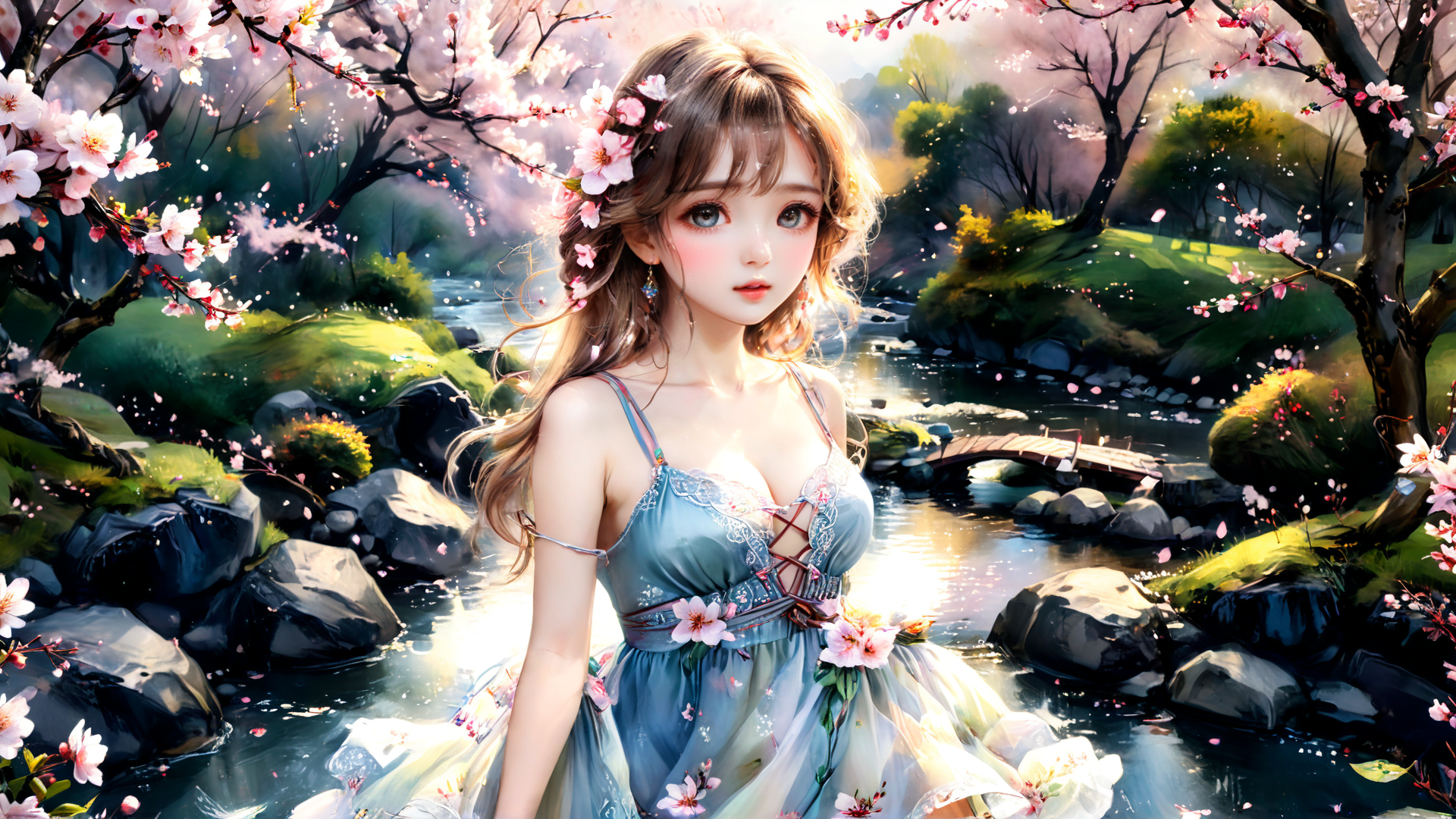 AI generated wallpaper featuring girl, cherry blossom, stream