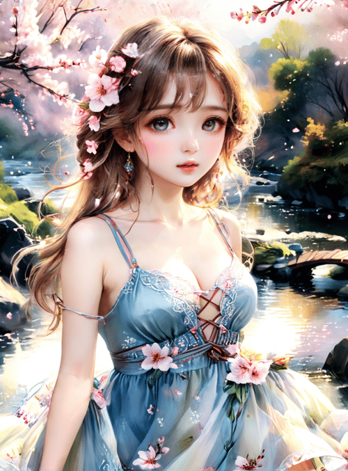 girl, cherry blossom, stream