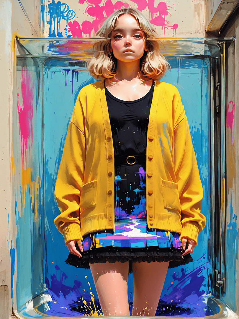 AI generated wallpaper featuring girl, cardigan, skirt, paint, urban