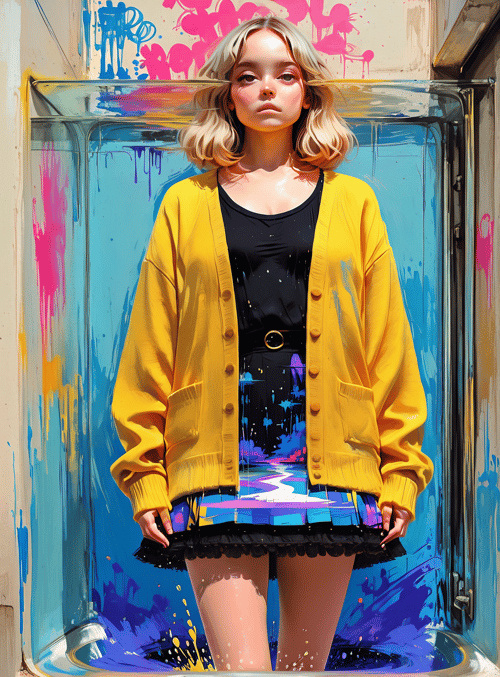 girl, cardigan, skirt, paint, urban