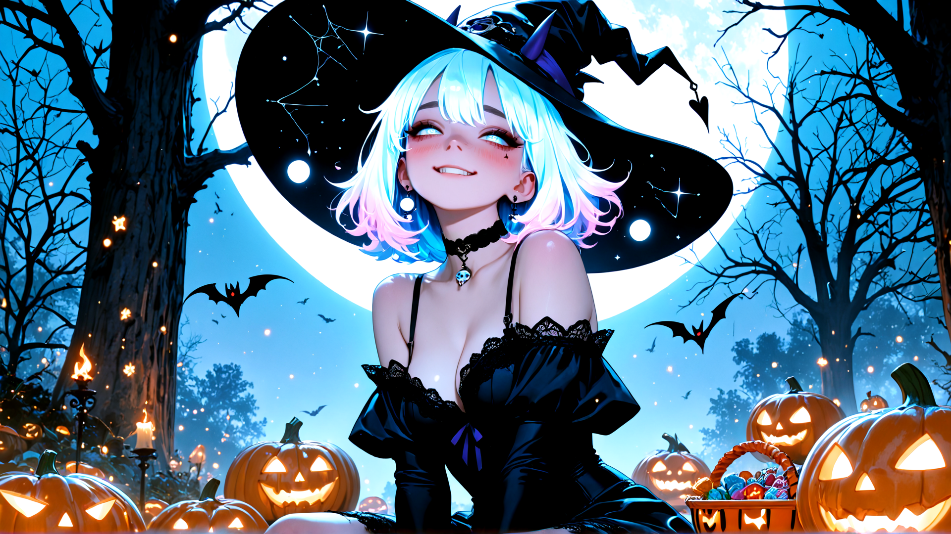 AI generated wallpaper featuring witch, pumpkin, bat, moon, tree, candle, basket, lady, halloween, stars