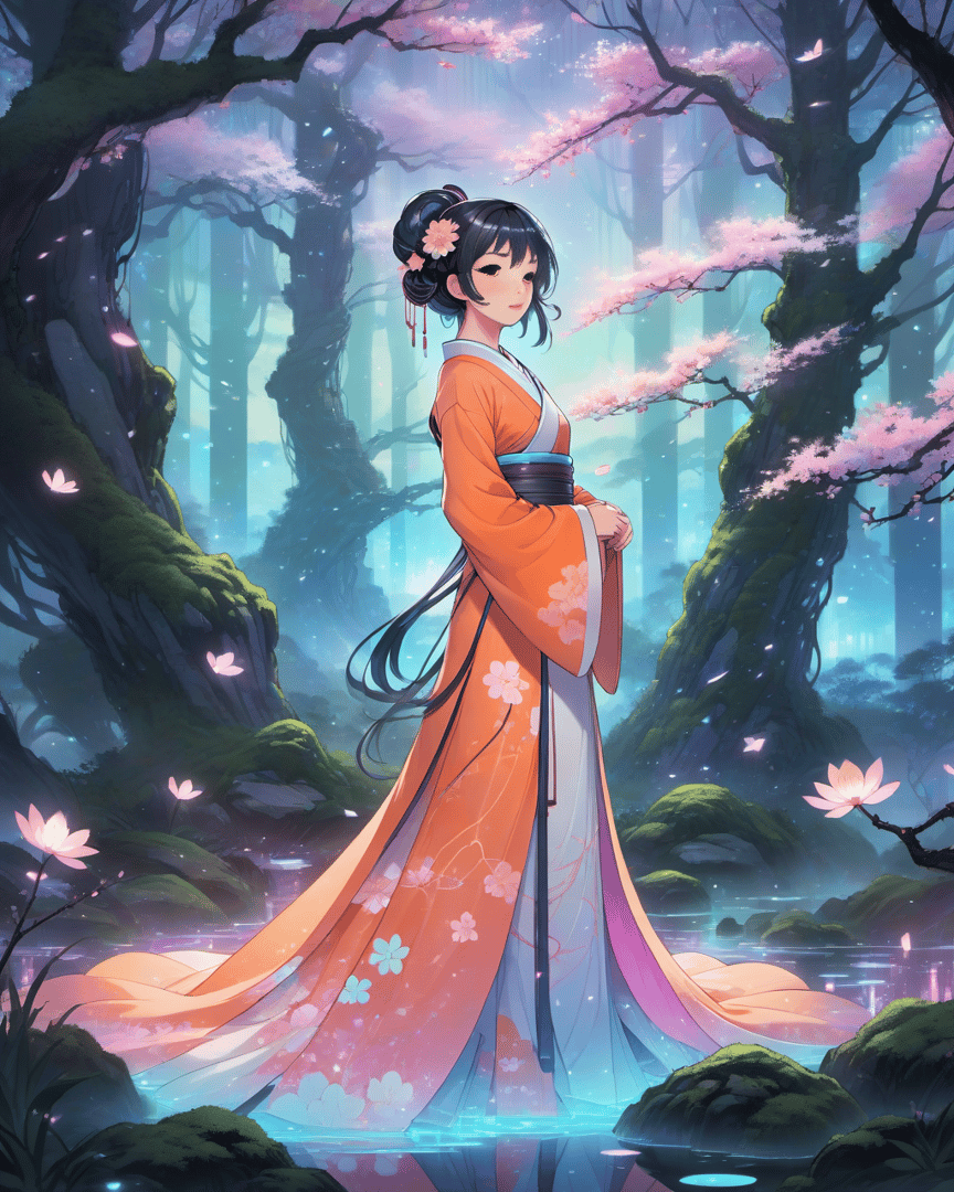 AI generated wallpaper featuring woman, sakura, forest
