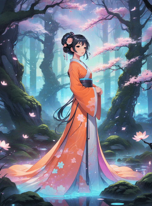 woman, sakura, forest