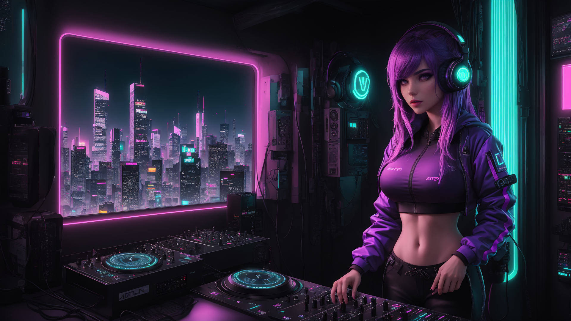 AI generated wallpaper featuring dj, woman, cityscape