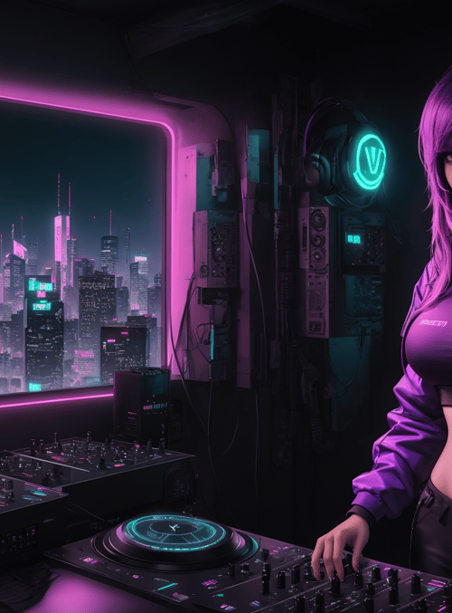 dj, woman, cityscape