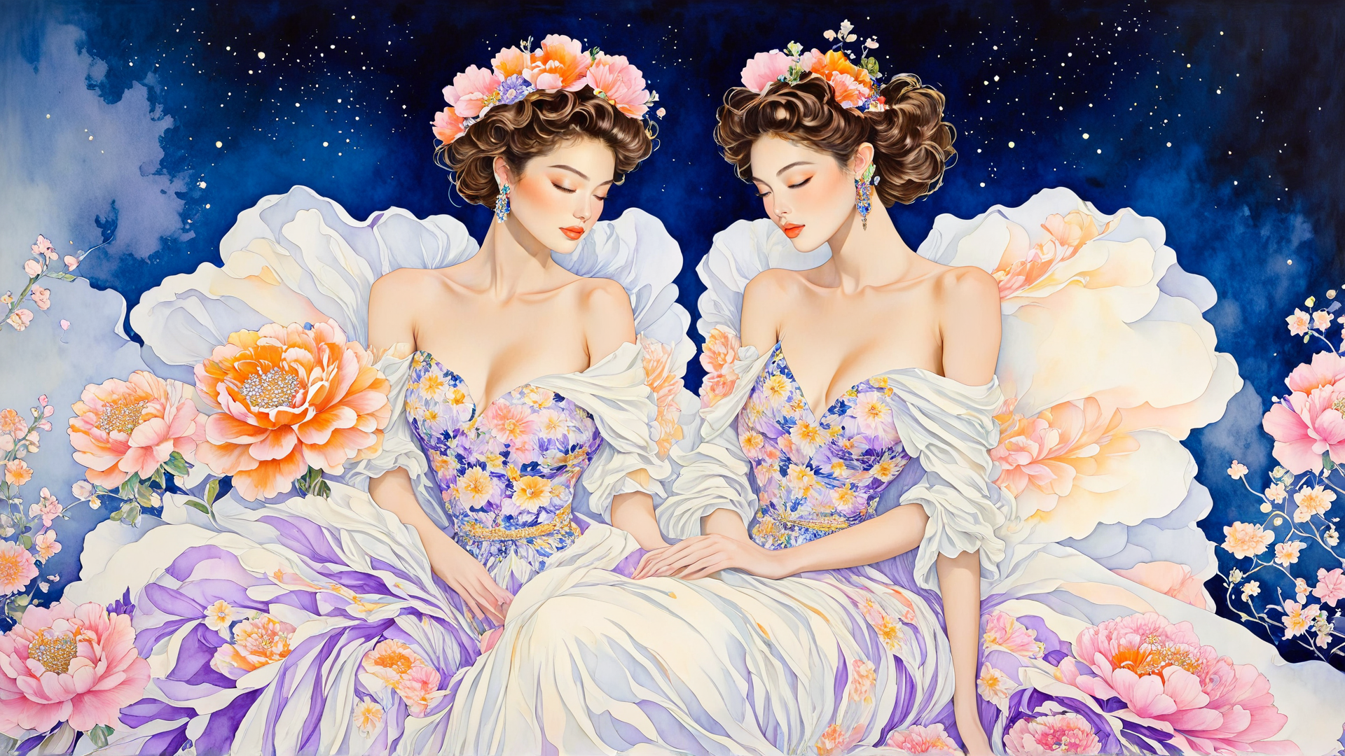 AI generated wallpaper featuring women, flowers, dress, heaven, stars, bouquet, angel, fashion, fairy, gown