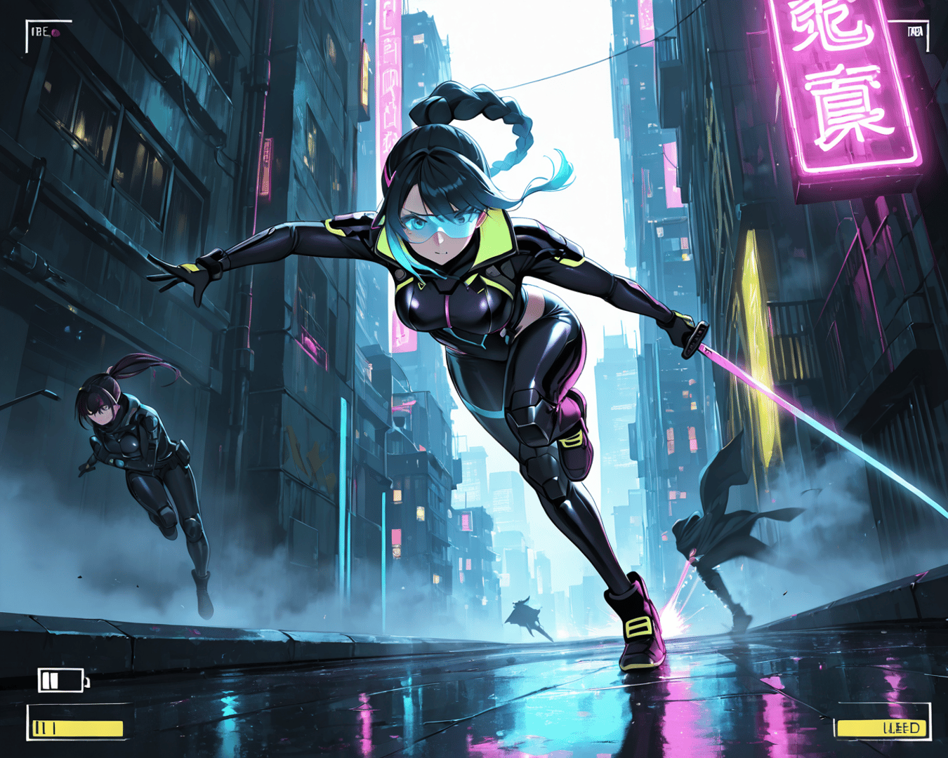 AI generated wallpaper featuring female warrior, neon city, swords