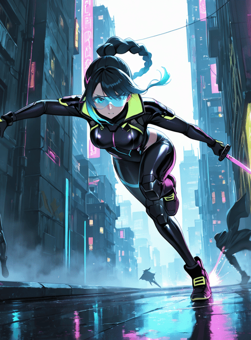 female warrior, neon city, swords