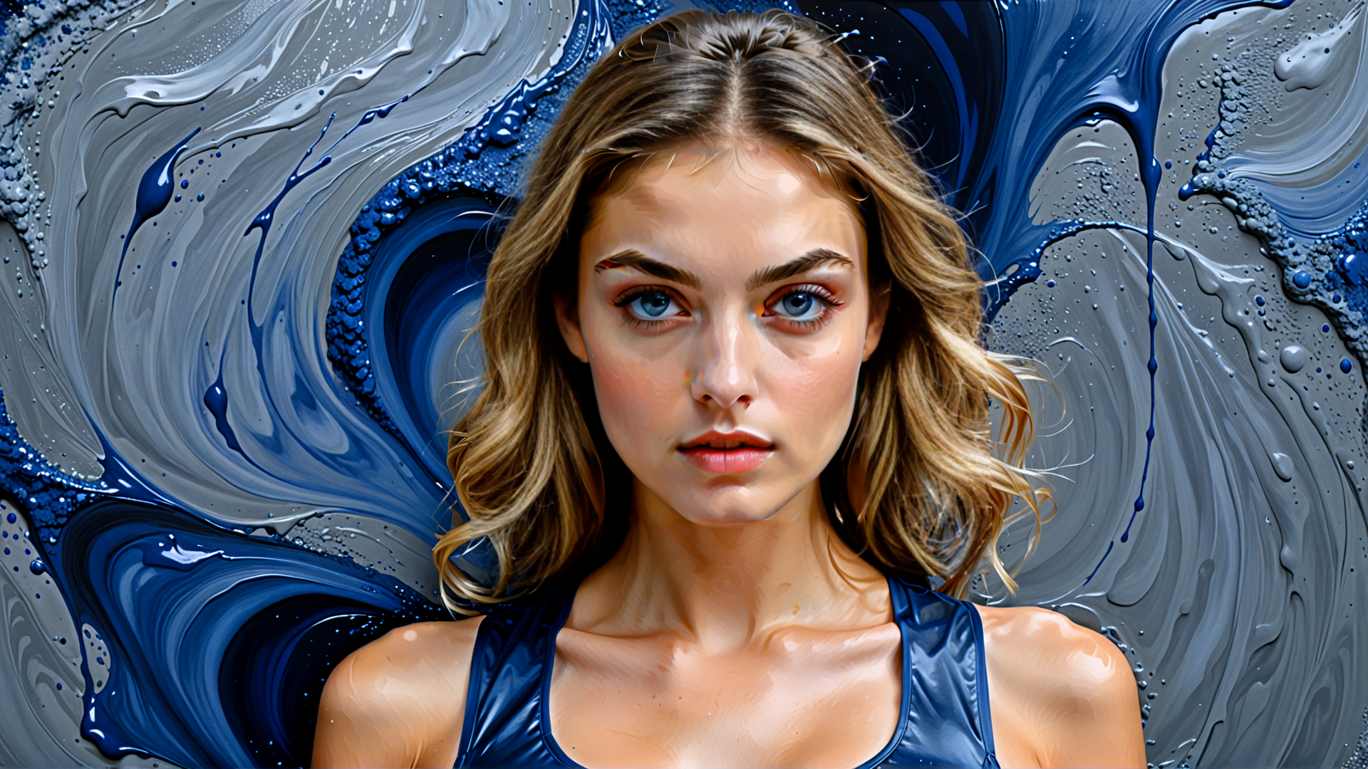 AI generated wallpaper featuring woman, hair, shoulders, tank top