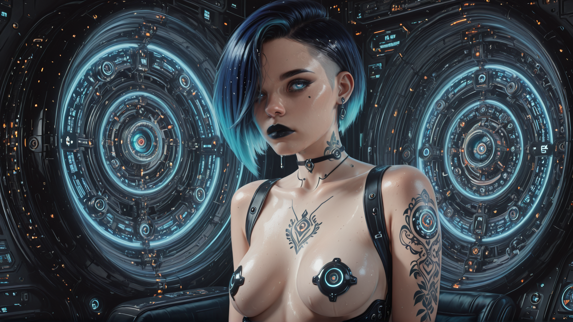 AI generated wallpaper featuring cyborg, woman, tattoo, goggles, choker, circuit, hologram, neon, futuristic, glasses