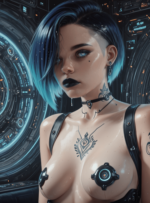 cyborg, woman, tattoo, goggles, choker, circuit, hologram, neon, futuristic, glasses