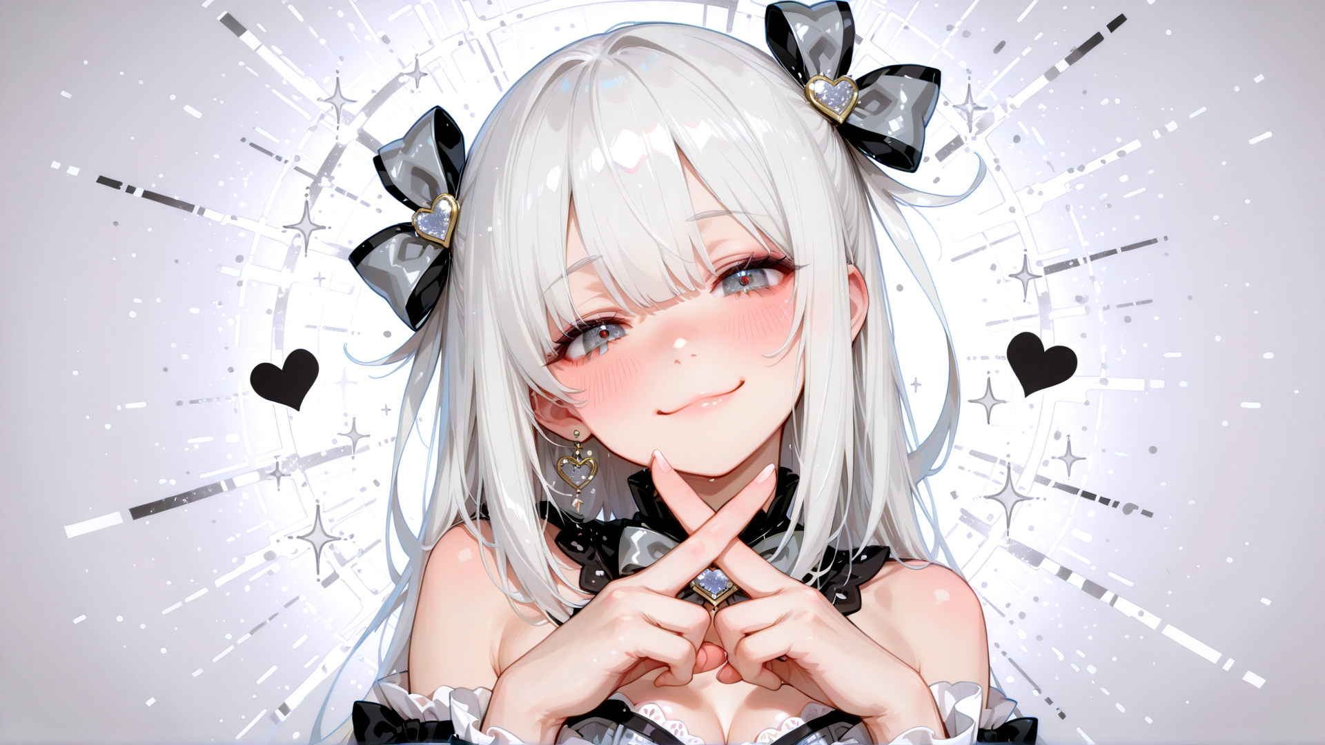 AI generated wallpaper featuring girl, anime, character, bow, heart, finger, earring, choker, loli, cute