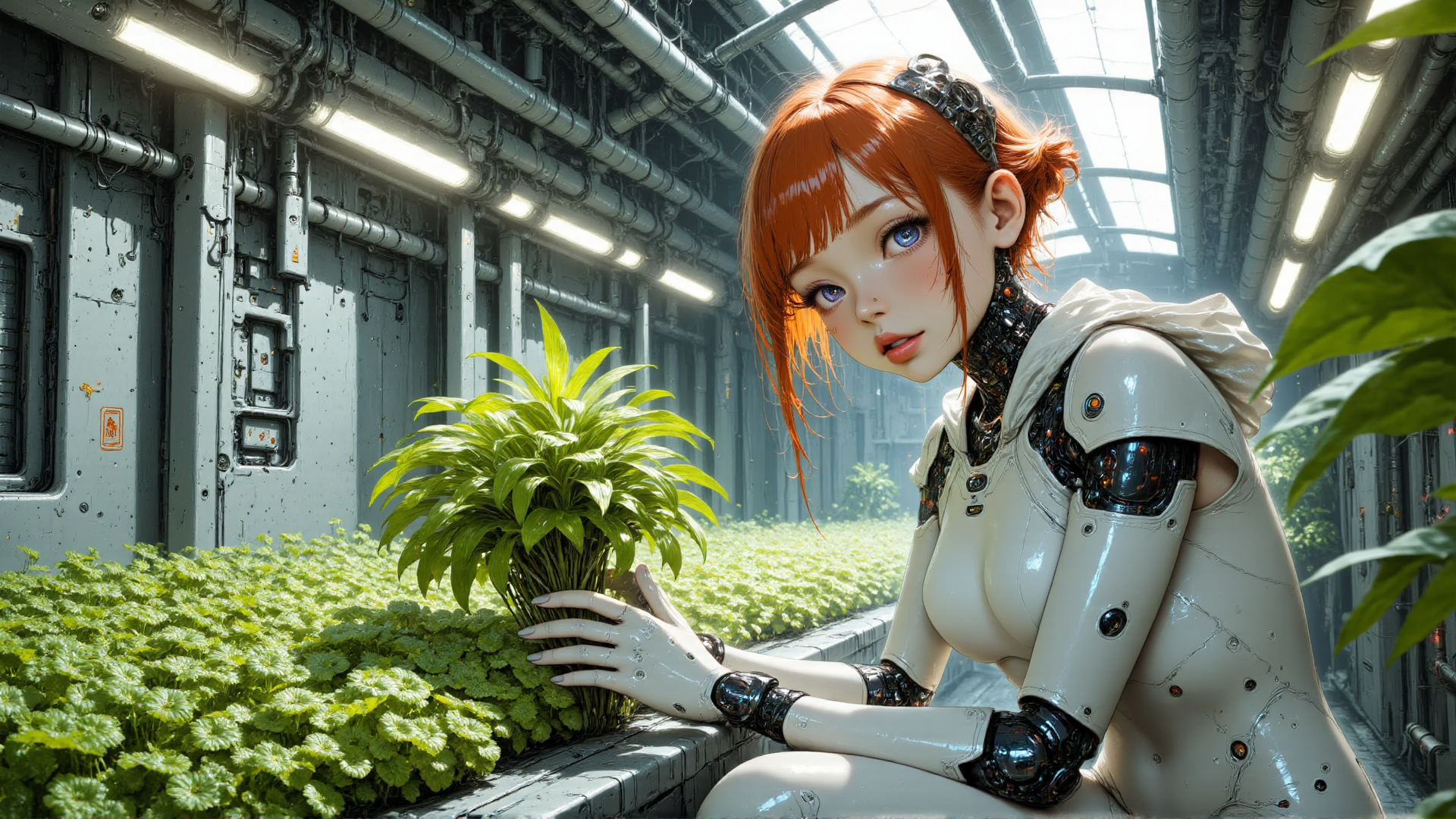 AI generated wallpaper featuring robot, plant, greenhouse, cyborg, indoor garden, garden, mechanical arm, sunset, industrial, robotic hand