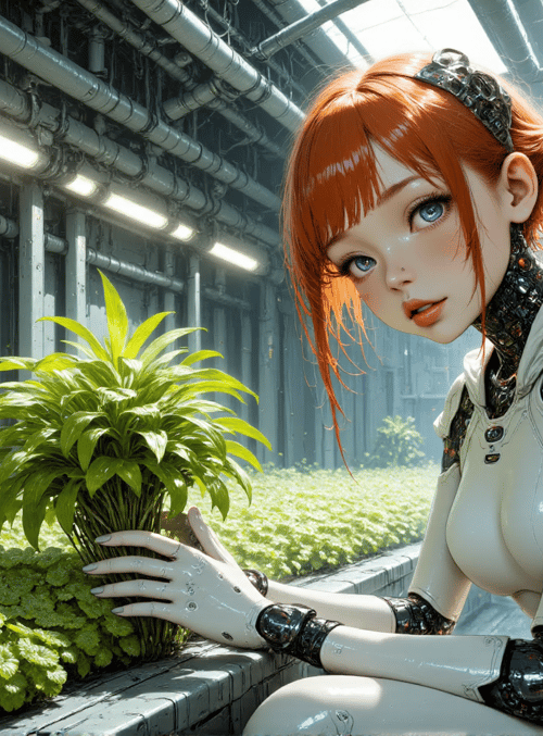 robot, plant, greenhouse, cyborg, indoor garden, garden, mechanical arm, sunset, industrial, robotic hand