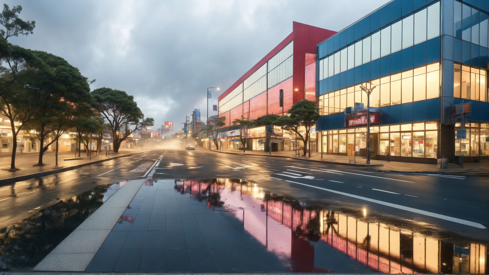 AI generated wallpaper featuring street, buildings, trees, pavement, water, signs, cars, windows, sky, reflection
