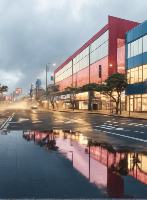 street, buildings, trees, pavement, water, signs, cars, windows, sky, reflection