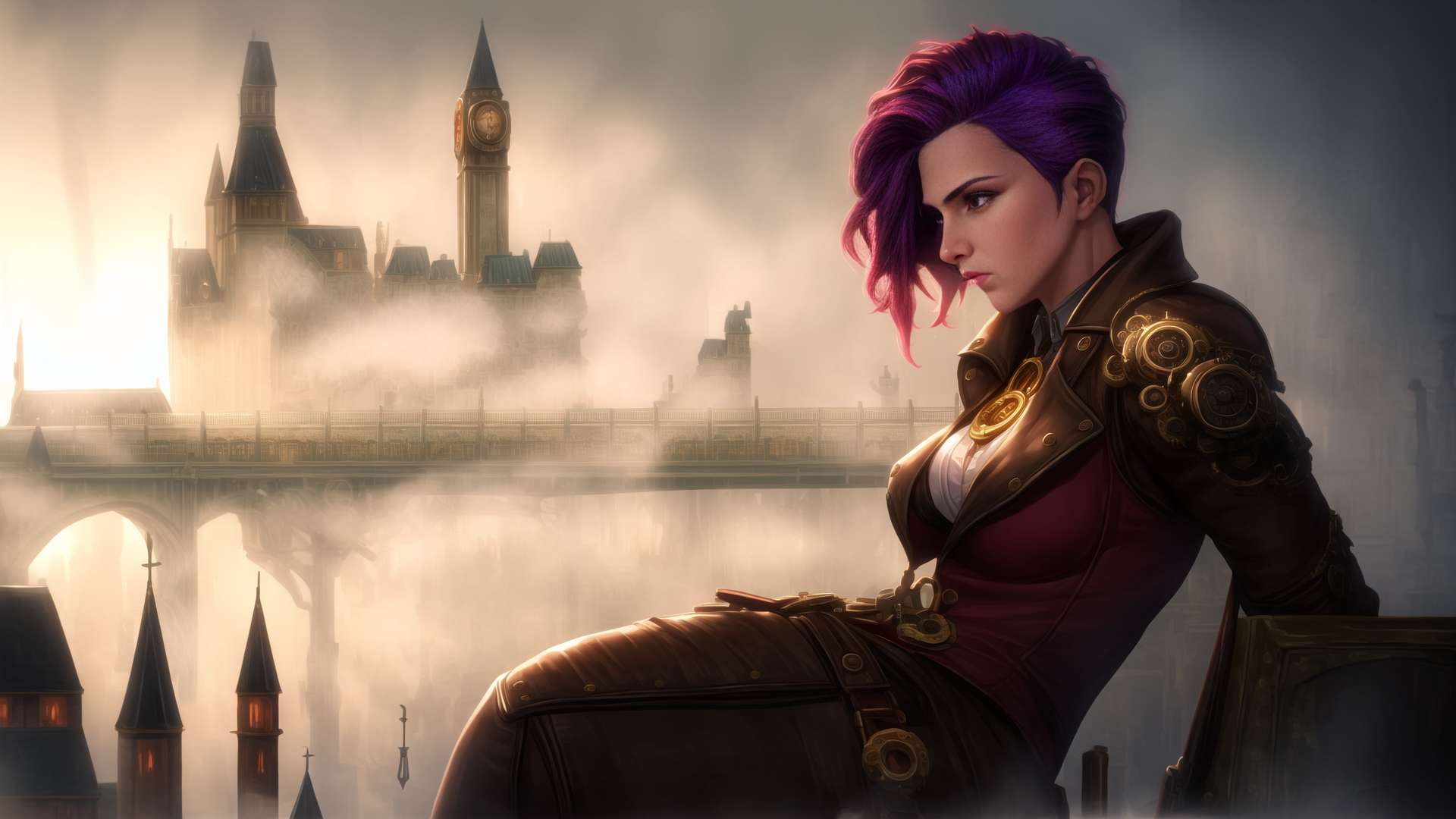 AI generated wallpaper featuring woman, steampunk, cityscape, clock tower, fog