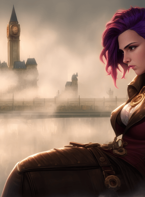 woman, steampunk, cityscape, clock tower, fog