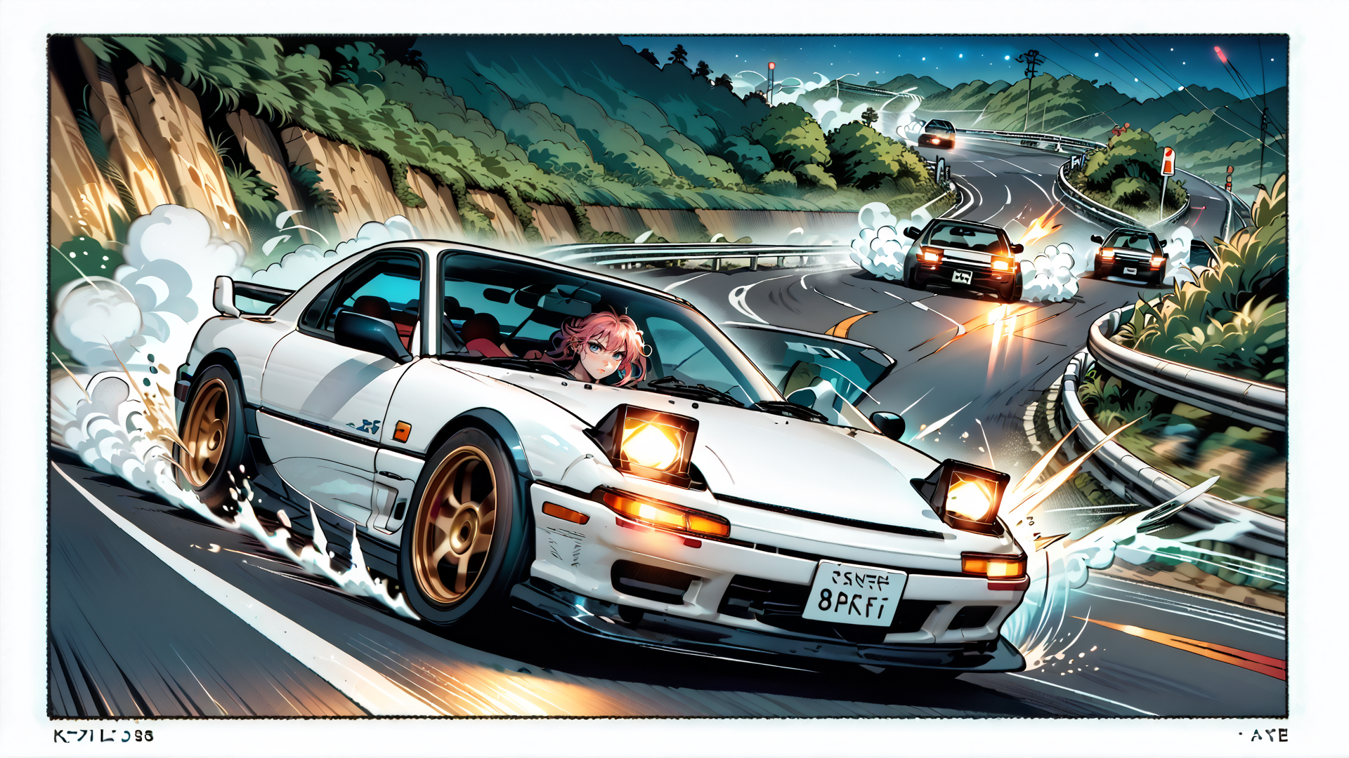 AI generated wallpaper featuring car, road, anime, drifting, speed, mountains, trees, license plate, driver, nissan
