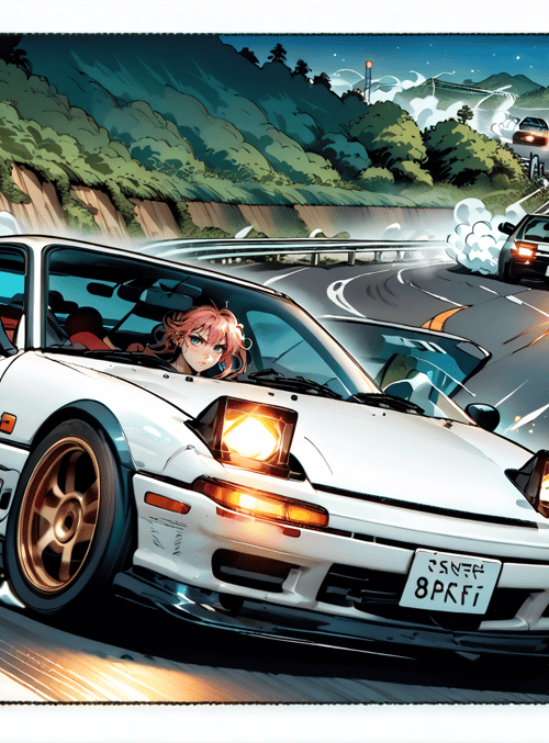 car, road, anime, drifting, speed, mountains, trees, license plate, driver, nissan