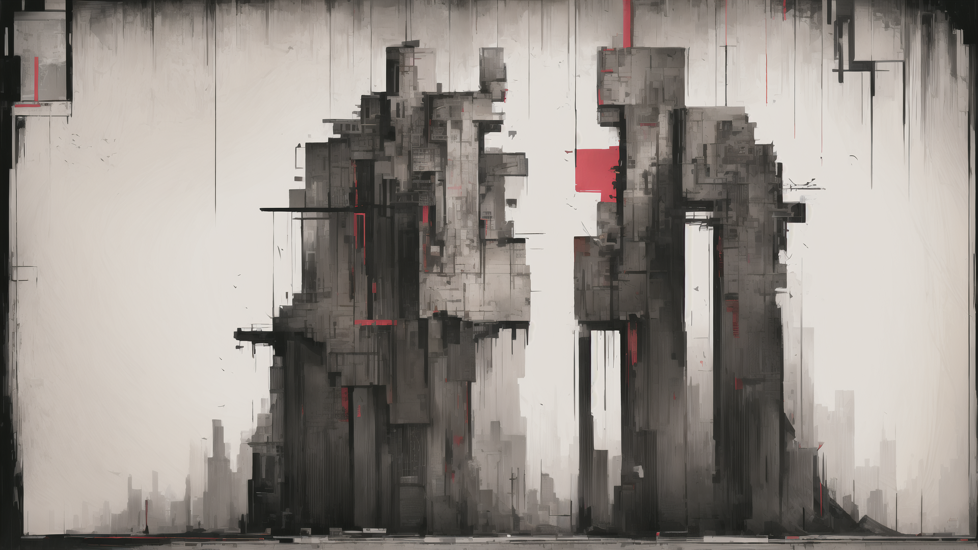 AI generated wallpaper featuring buildings, cityscape, skyscrapers, structures, urban, tower, abstract, monument, architecture, grayscale