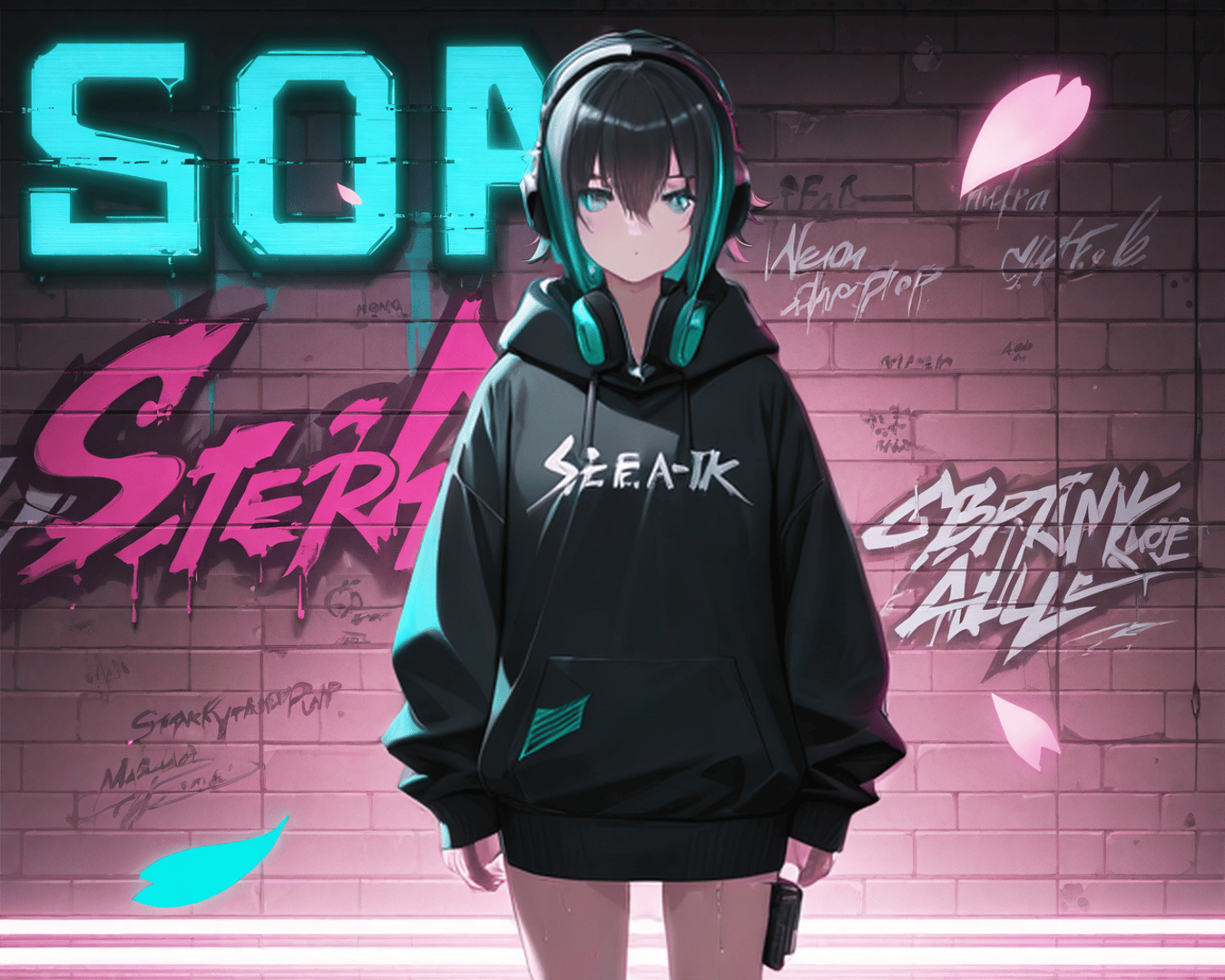 AI generated wallpaper featuring anime girl, gamer, hoodie