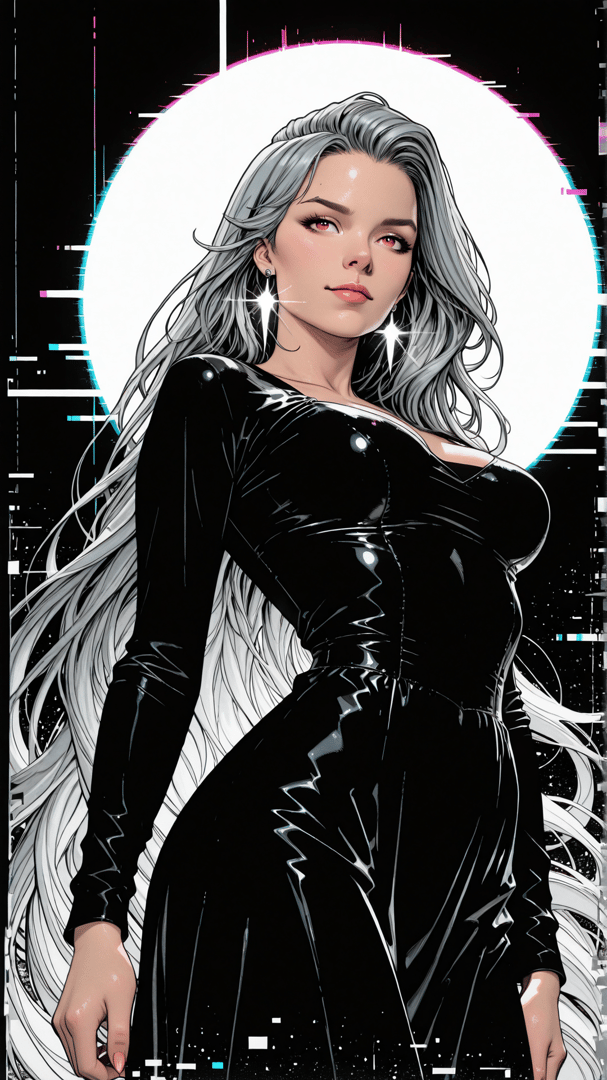 AI generated wallpaper featuring woman, silver hair, black dress