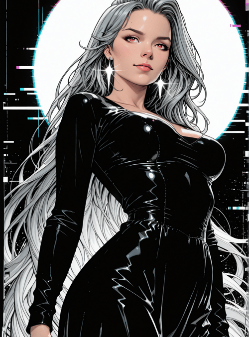 woman, silver hair, black dress