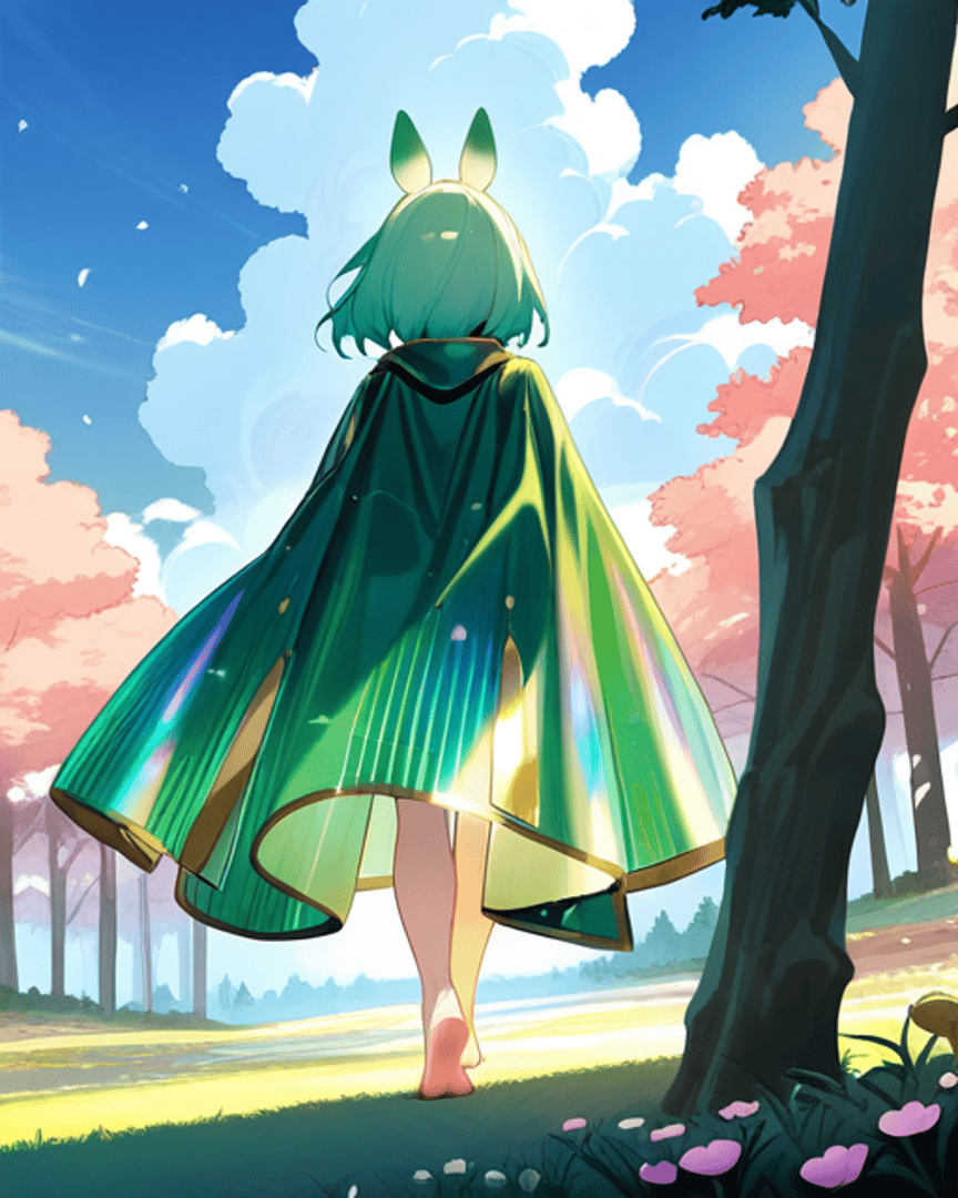 AI generated wallpaper featuring rabbit ears, green cloak, girl