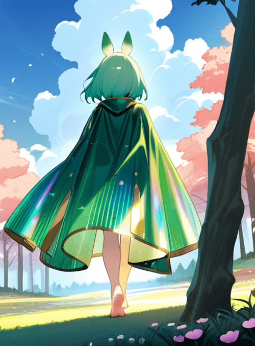 rabbit ears, green cloak, girl