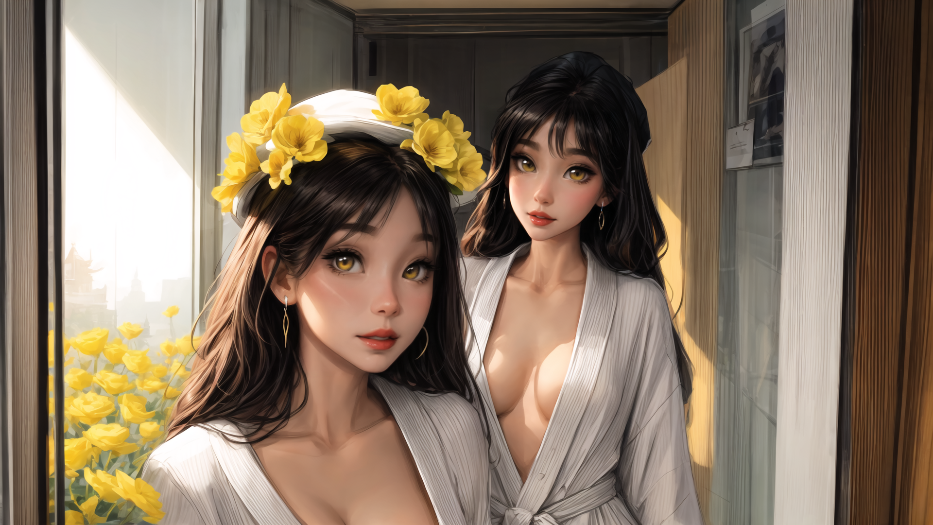 AI generated wallpaper featuring woman, girl, flower, bathrobe, window, sunlight, portrait, yellow, hair, glasses