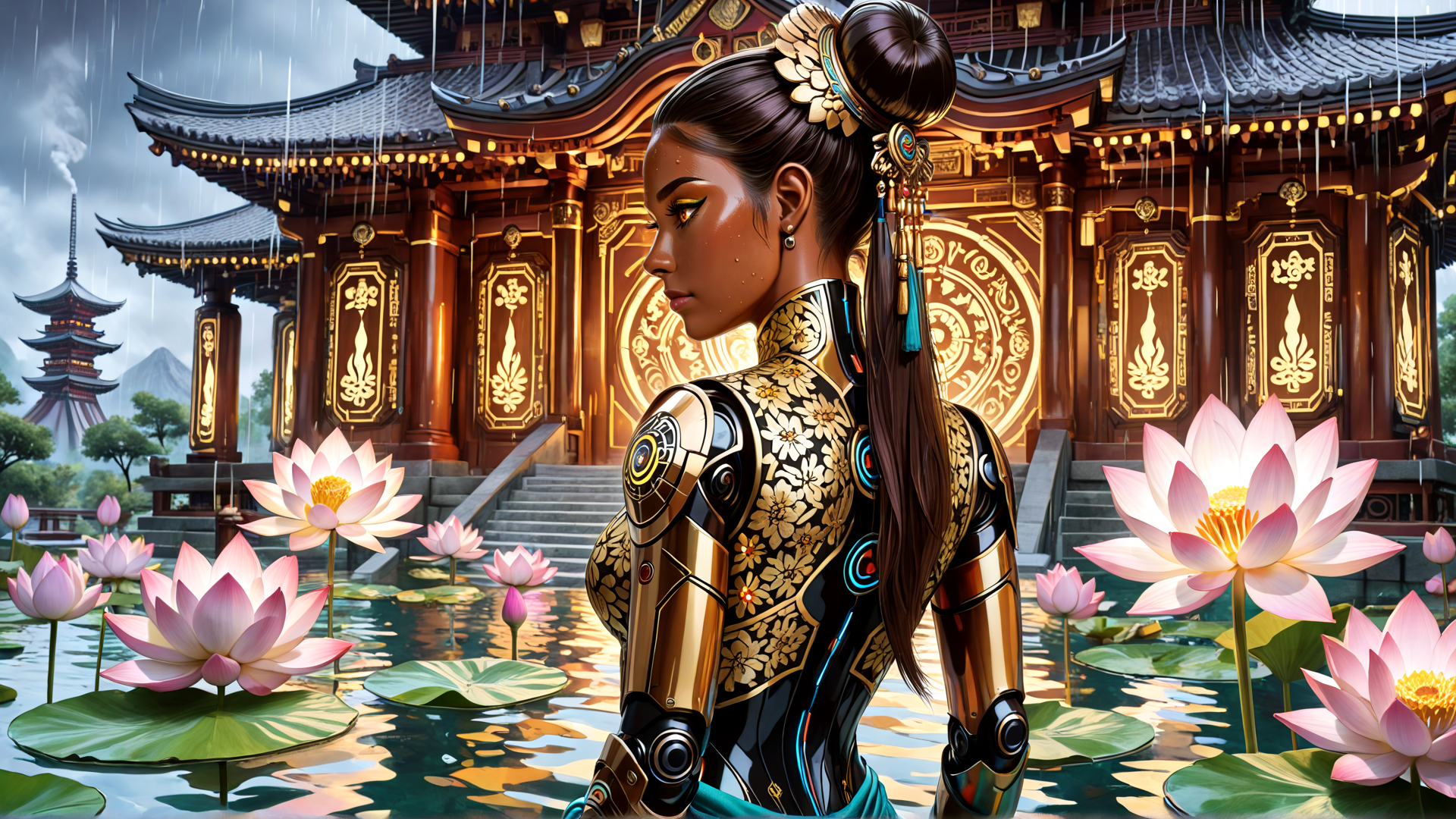 AI generated wallpaper featuring robot, woman, lotus, temple, chinese architecture