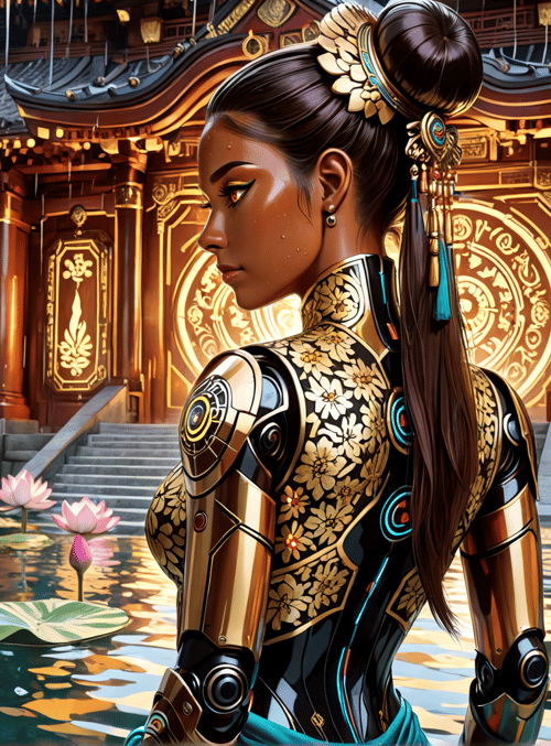 robot, woman, lotus, temple, chinese architecture