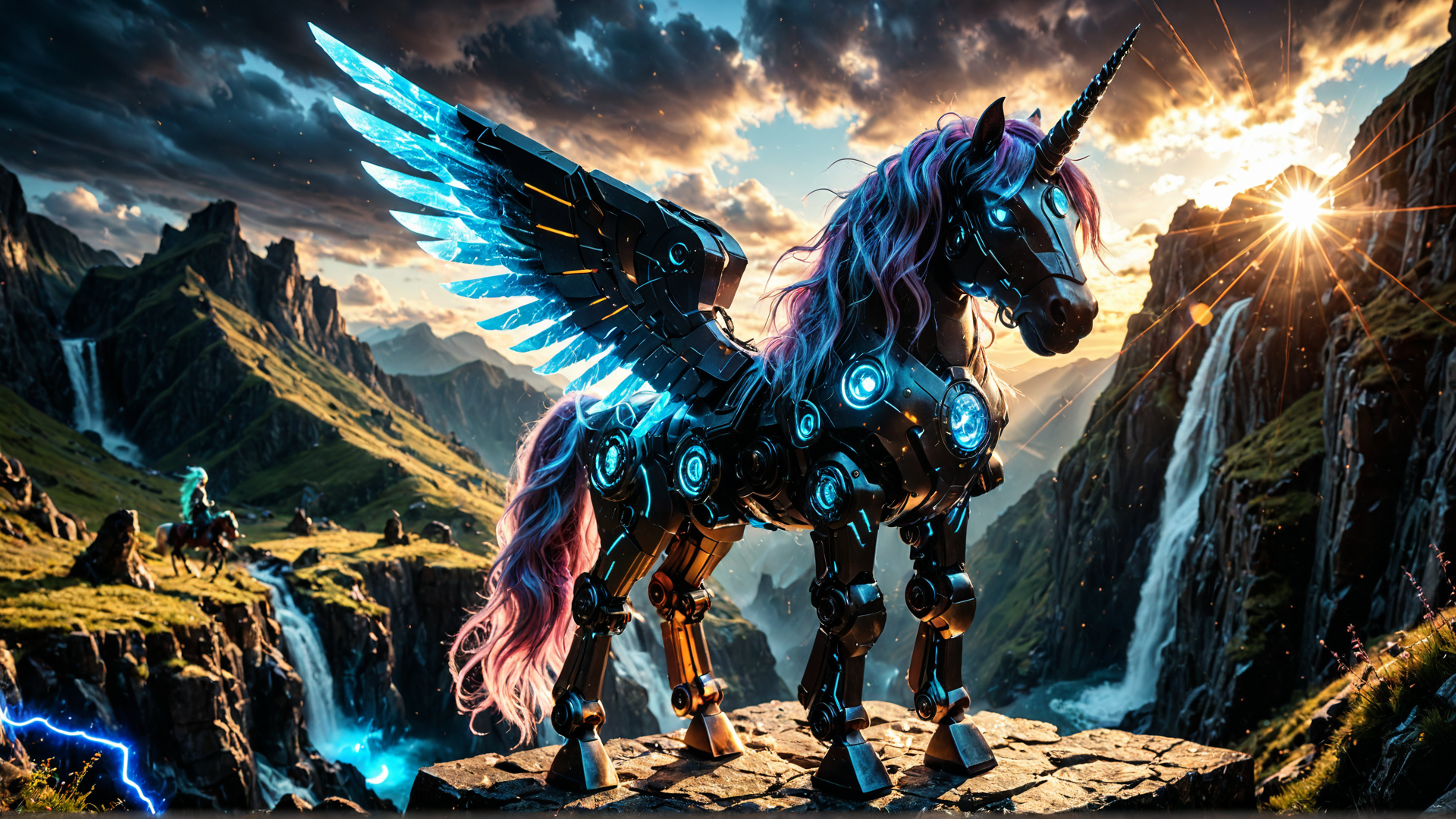 AI generated wallpaper featuring robot, unicorn, wing