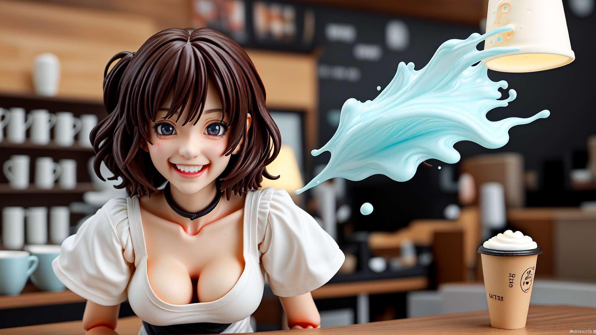 AI generated wallpaper featuring figurine, coffee, cup, milk, cafe, shelf, choker, blouse, bubbles, table