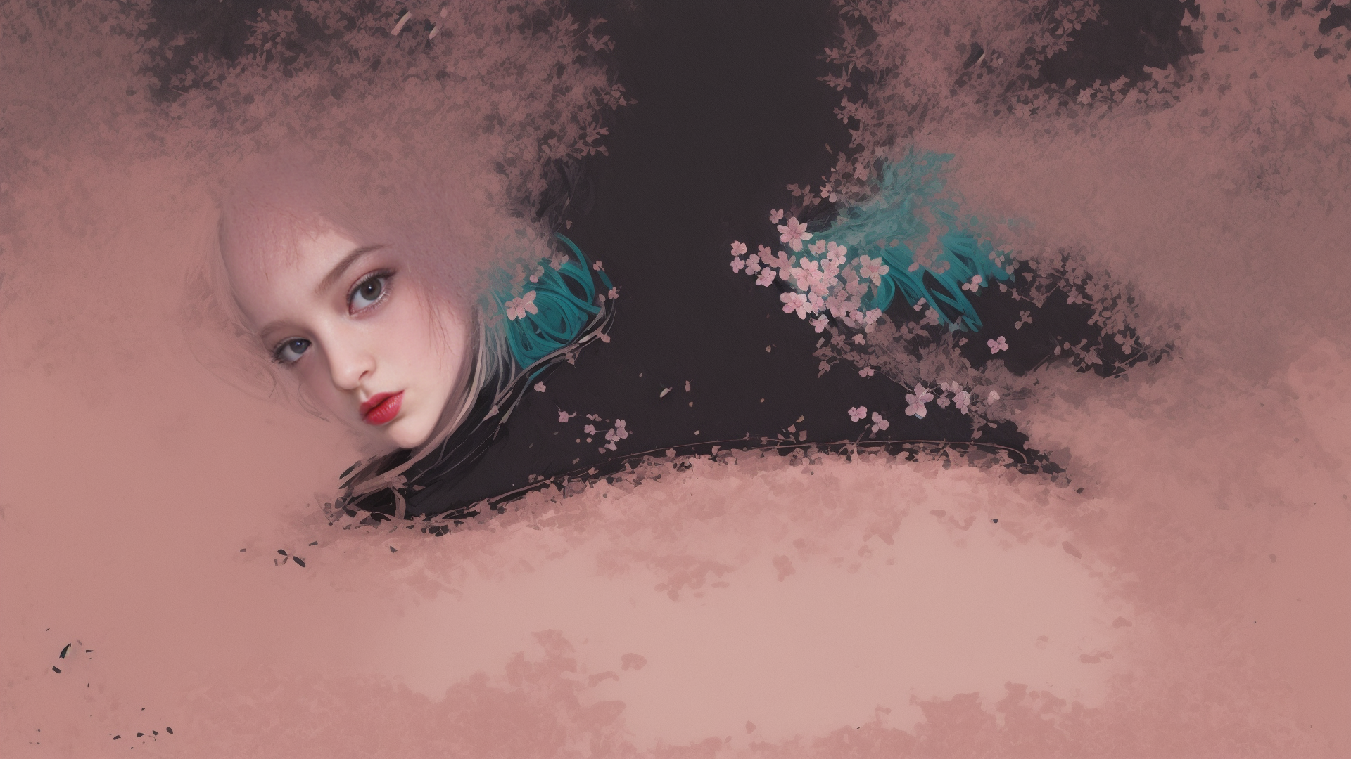 AI generated wallpaper featuring girl, cherry blossoms, hair