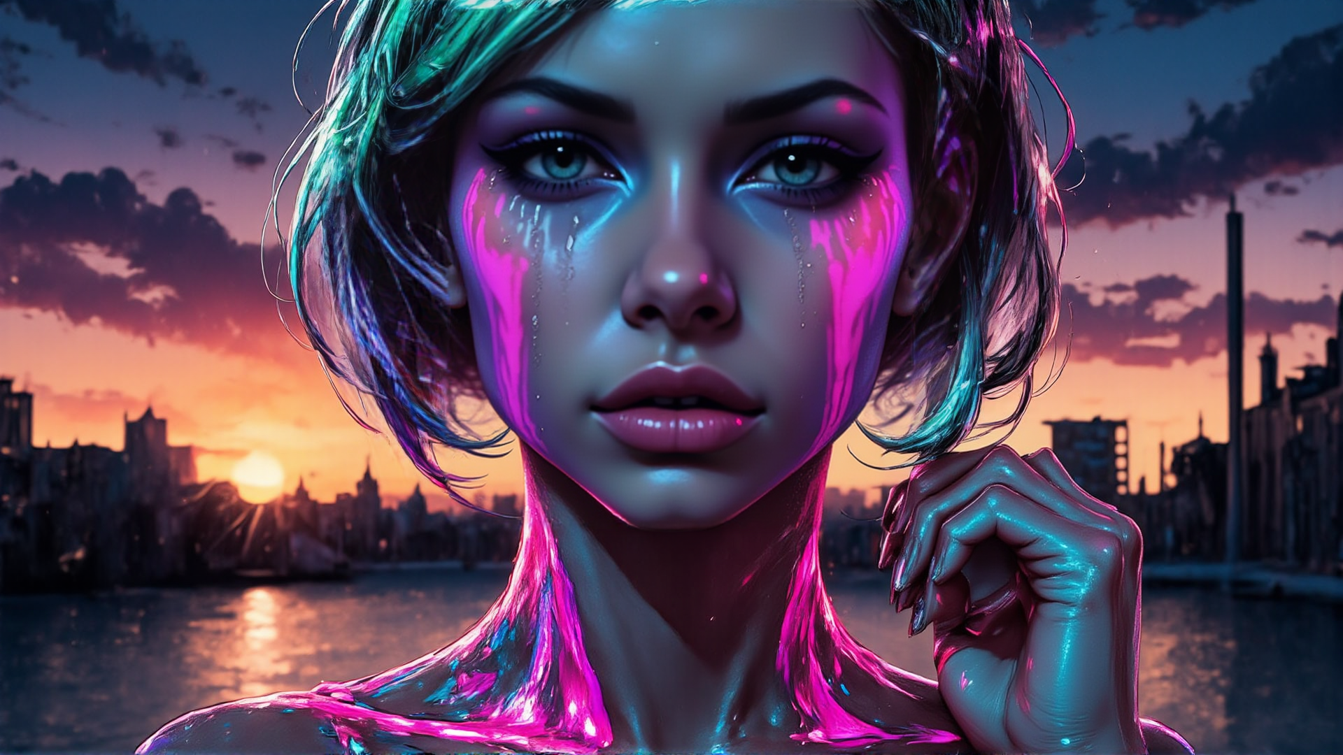 AI generated wallpaper featuring woman, cityscape, water