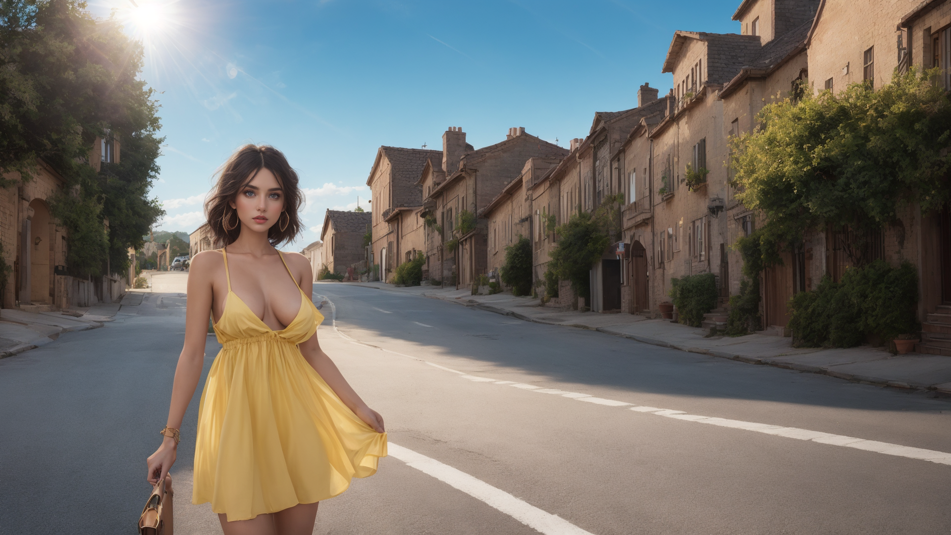 AI generated wallpaper featuring woman, dress, street