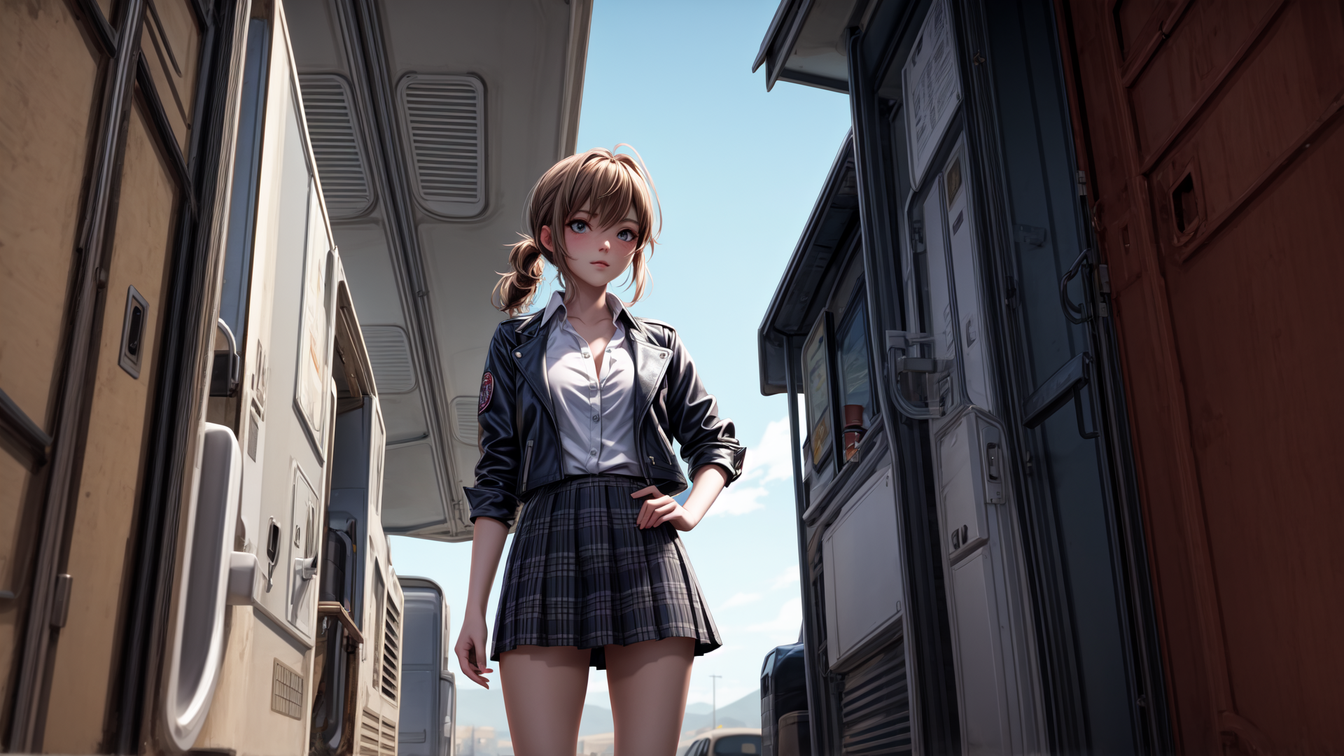 AI generated wallpaper featuring girl, school uniform, train, platform, skirt, jacket, bun, blouse, plaid, panties