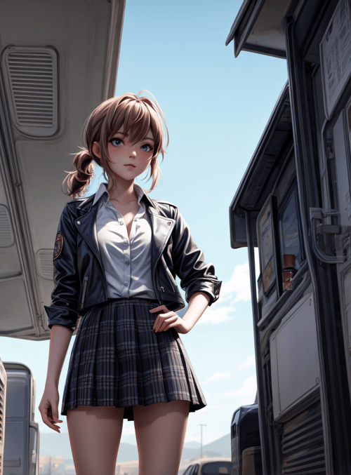 girl, school uniform, train, platform, skirt, jacket, bun, blouse, plaid, panties
