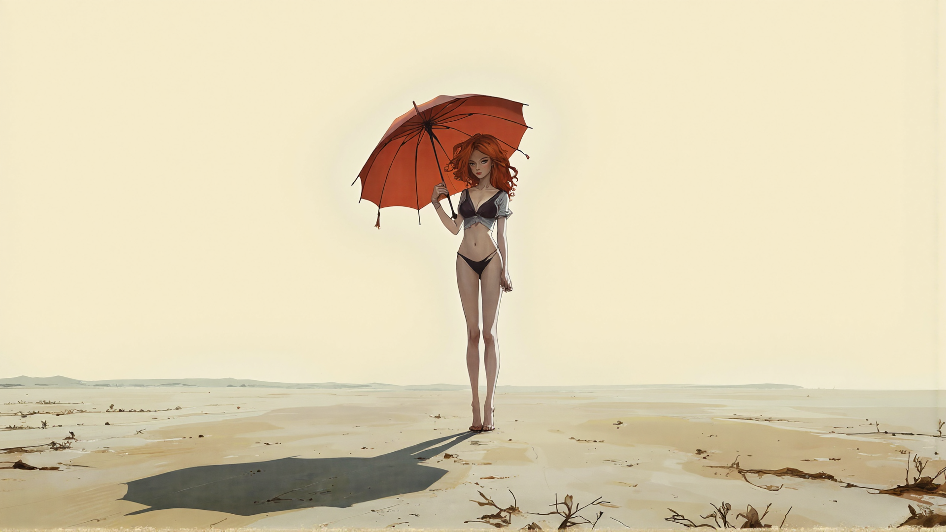AI generated wallpaper featuring woman, umbrella, desert, beach, sand, red hair
