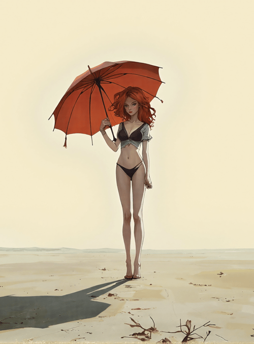 woman, umbrella, desert, beach, sand, red hair