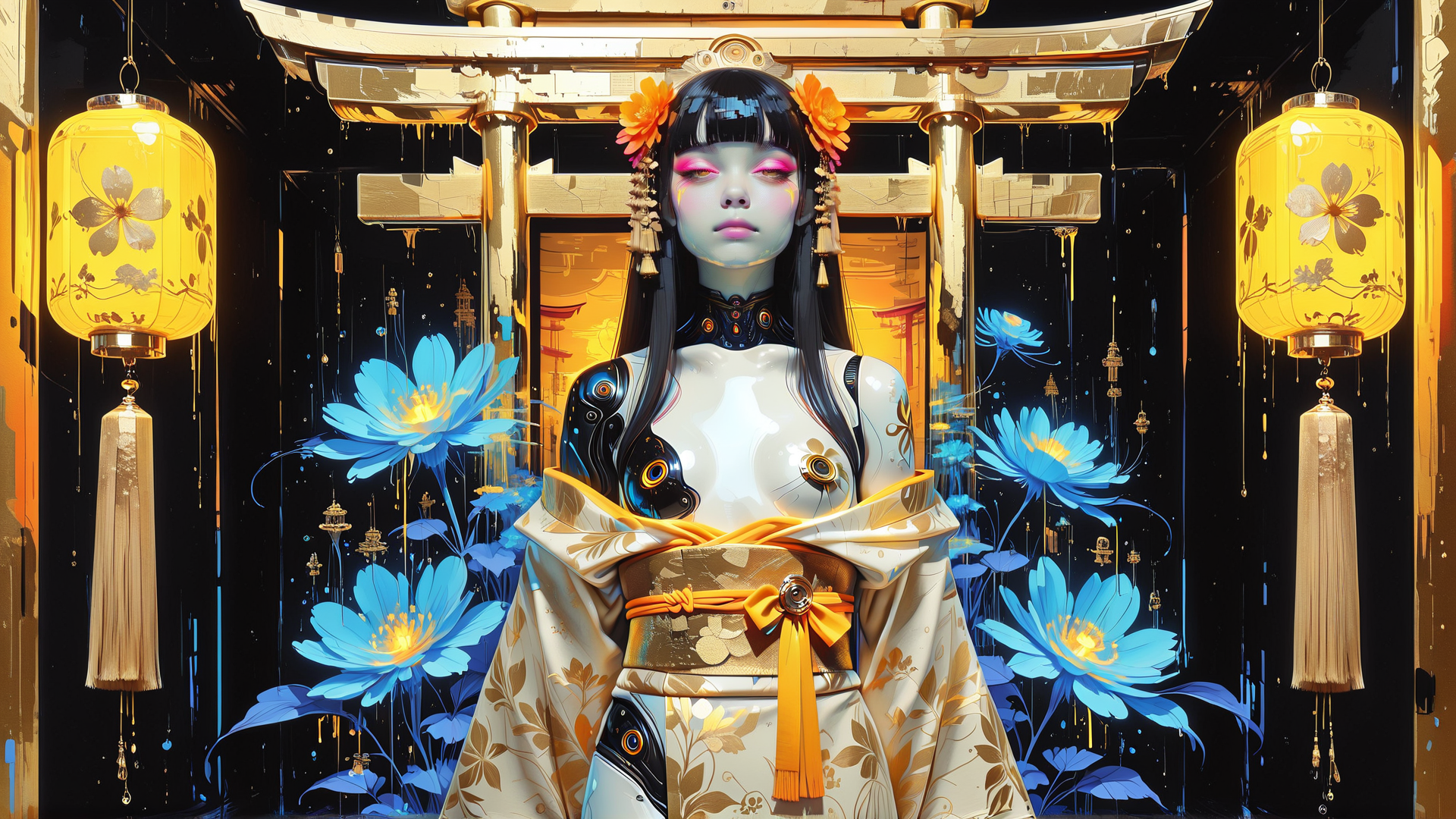 AI generated wallpaper featuring woman, robot, lantern, flower, kimono