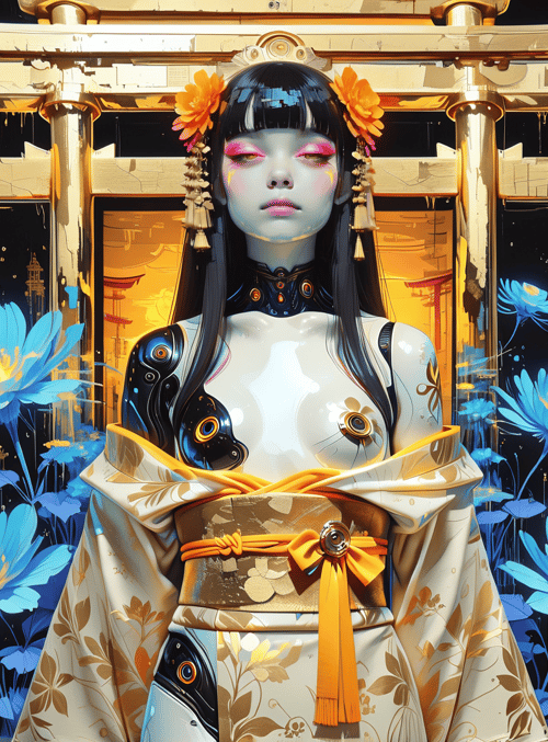 woman, robot, lantern, flower, kimono