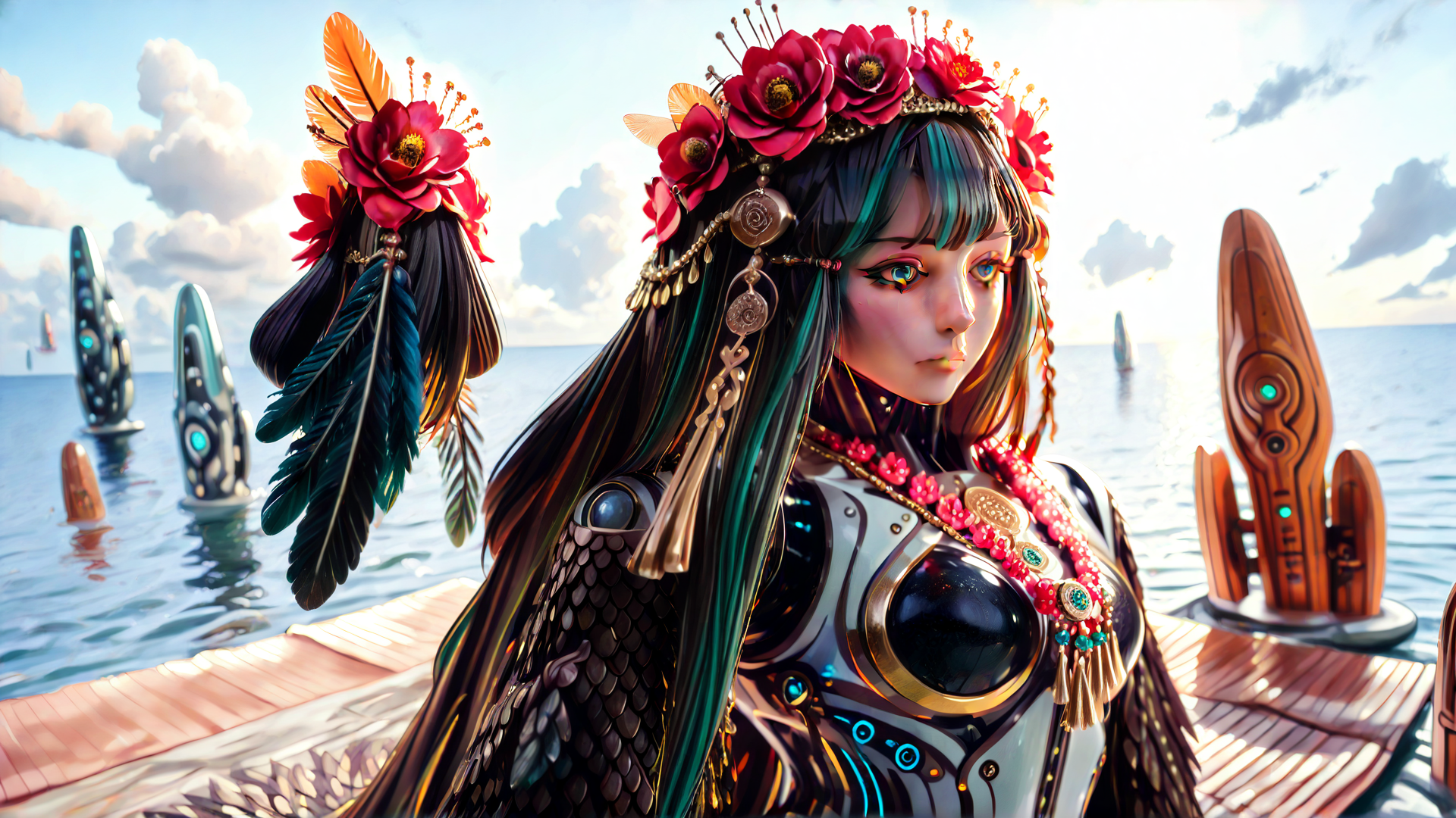 AI generated wallpaper featuring woman, feathers, flowers, armor, necklace, boats, ocean, sky, clouds, helmet