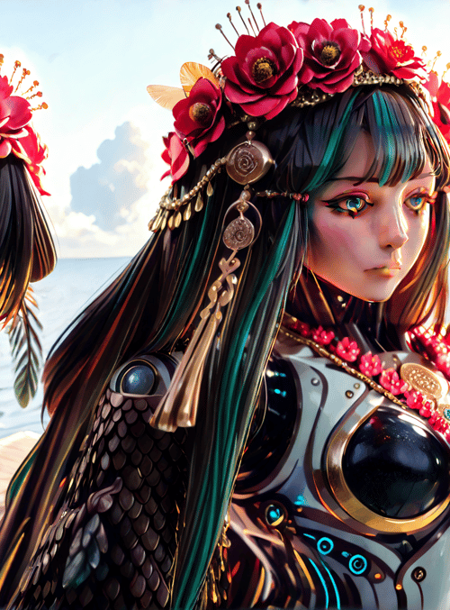 woman, feathers, flowers, armor, necklace, boats, ocean, sky, clouds, helmet