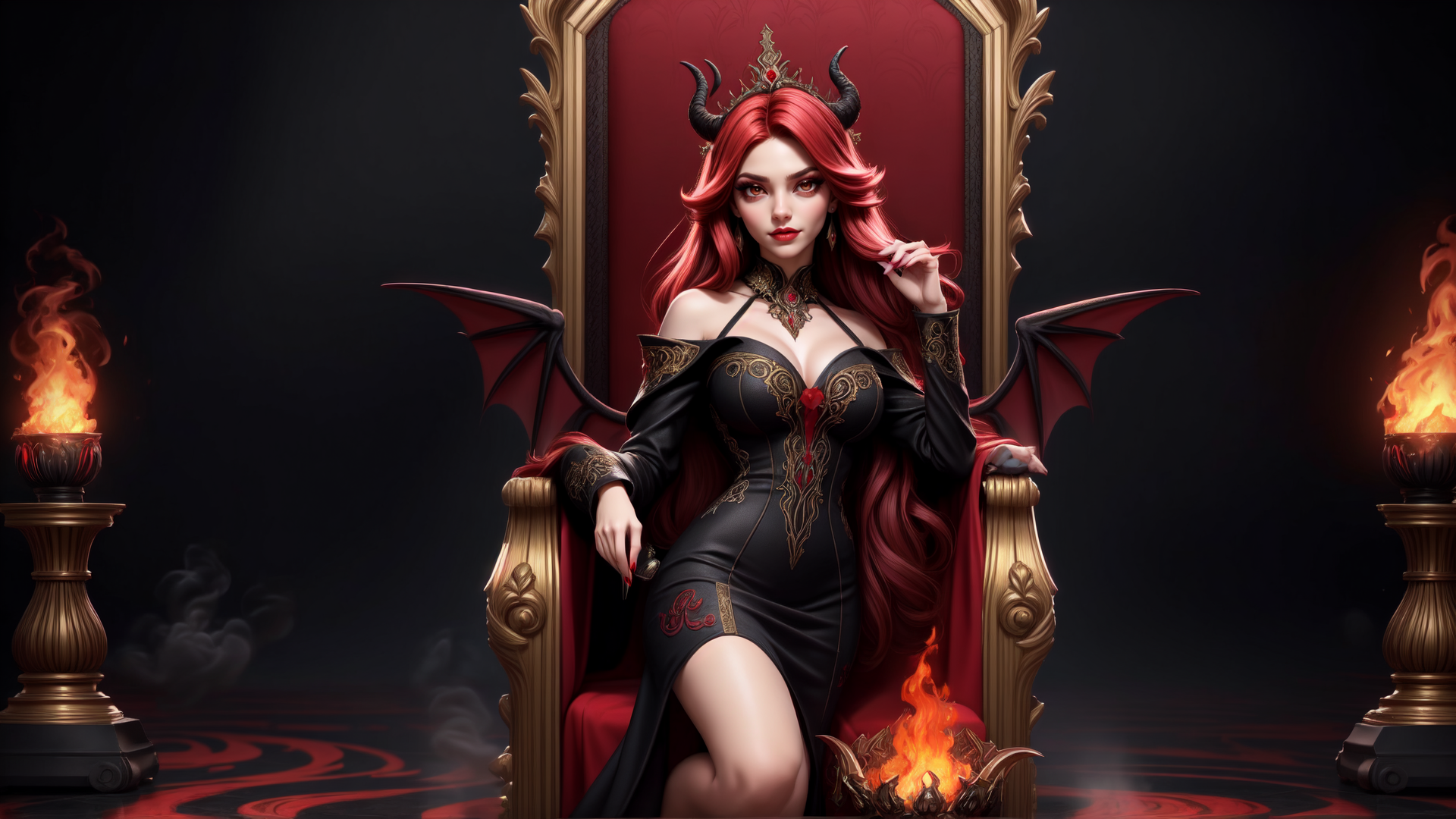 AI generated wallpaper featuring demon queen, red hair, black dress, crown, wings, chair, fire, candle